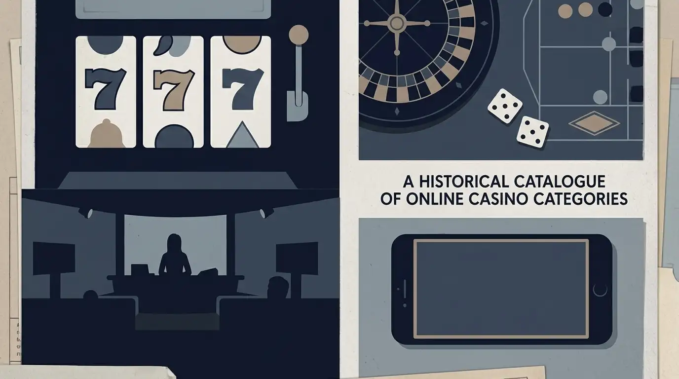 Illustration of historical casino categories including slots, table games, live dealer play and mobile access