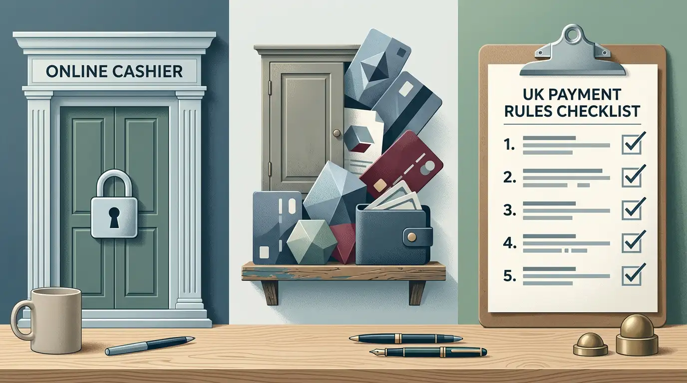 Editorial illustration comparing a closed casino cashier with historical payment records and current UK payment rules