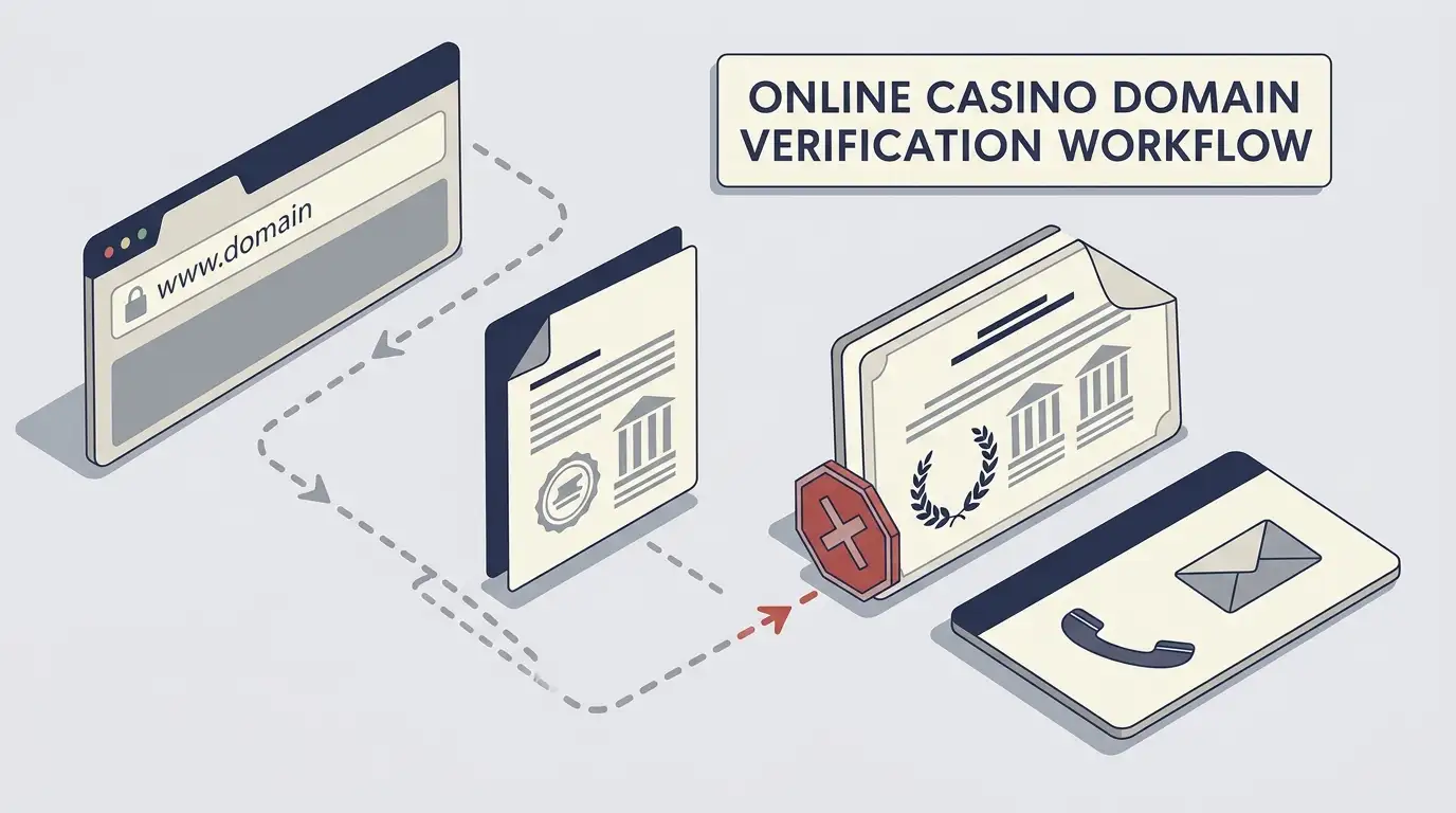 Illustration of a domain verification flow checking URL, operator, UKGC licence and contact details