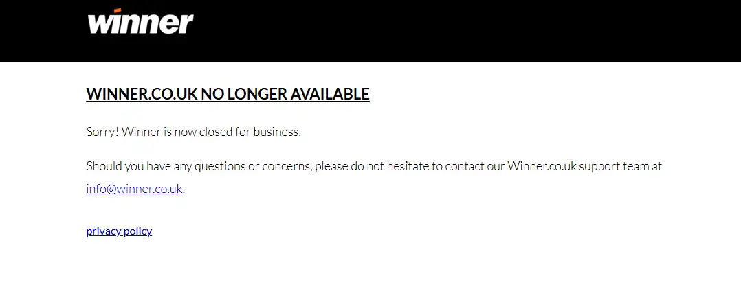 Official Winner.co.uk closure page stating that Winner is closed for business