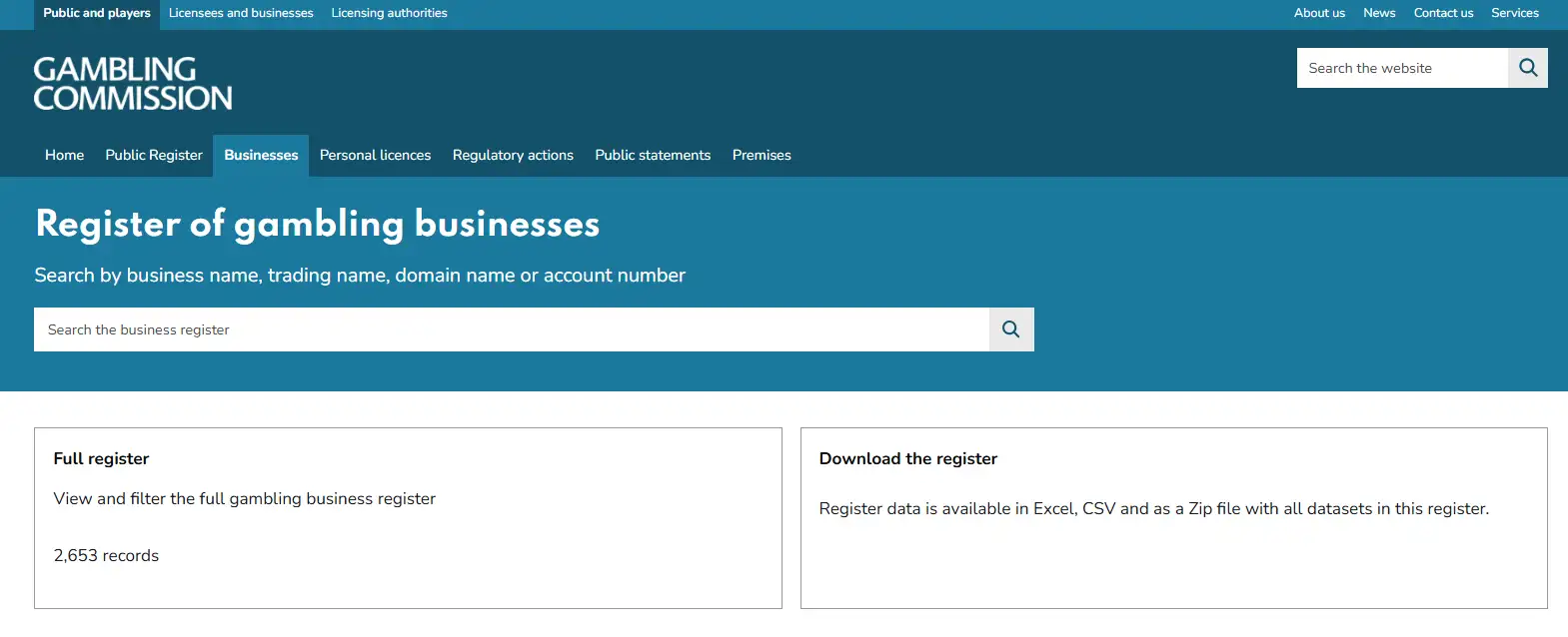Gambling Commission public business register search interface
