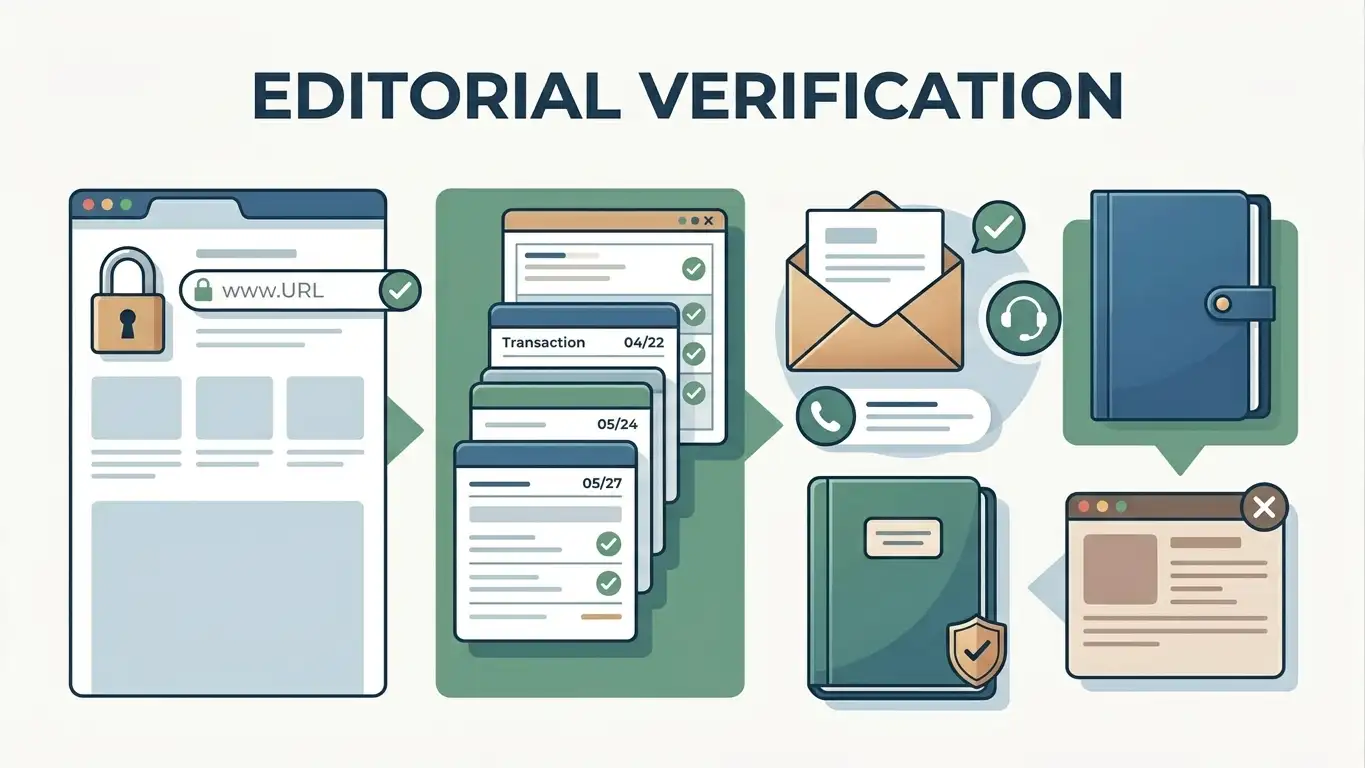 Editorial illustration of a safe withdrawal verification process using domain checks, transaction records and an official contact route