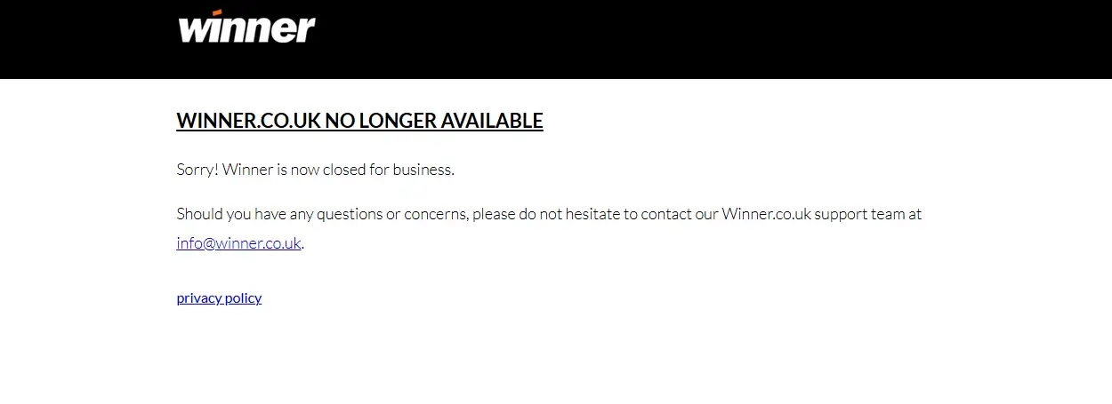 Official Winner.co.uk closure notice stating that Winner is closed for business