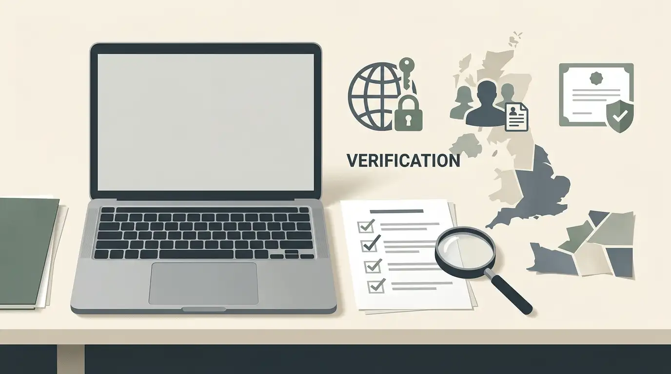 Editorial illustration of a UK casino verification checklist covering domain identity, operator status and licence checks