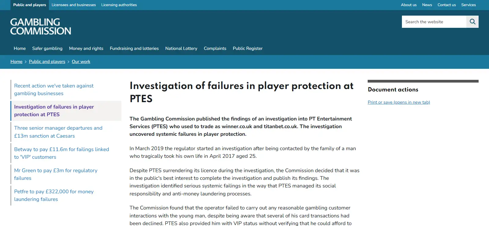 UK Gambling Commission investigation page for PT Entertainment Services mentioning winner.co.uk